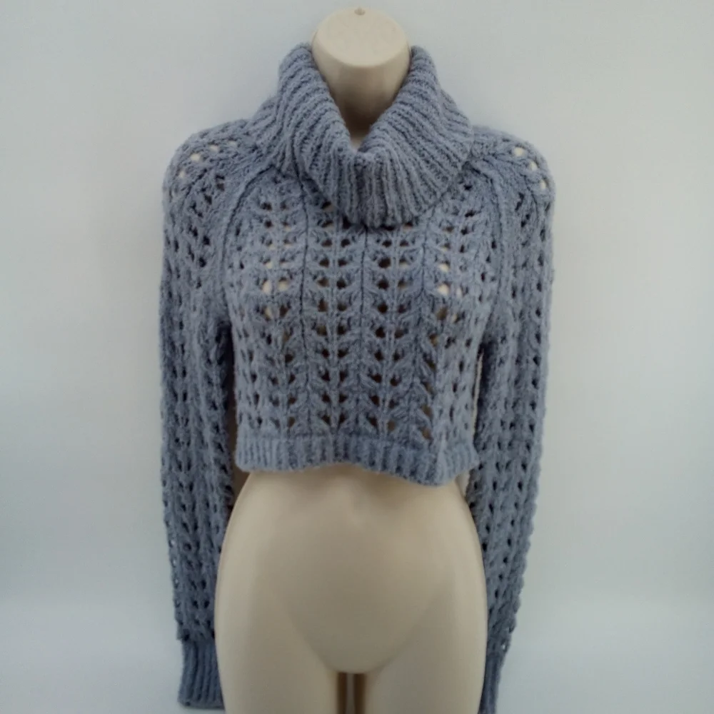 Free People Cropped Gray Open Knit Ribbed Cotton Blend Turtleneck XS
